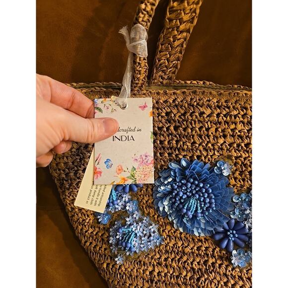 NWT Brown Floral Viral Beaded Handcrafted Made India Woven Tote Shoulder Handbag - Picture 4 of 8